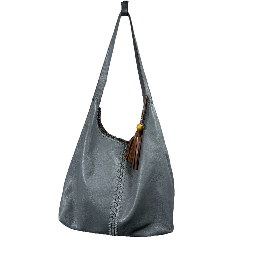 The Sak Gray Leather Hobo Bag Slouchy Shoulder Tassel Boho Minimalist